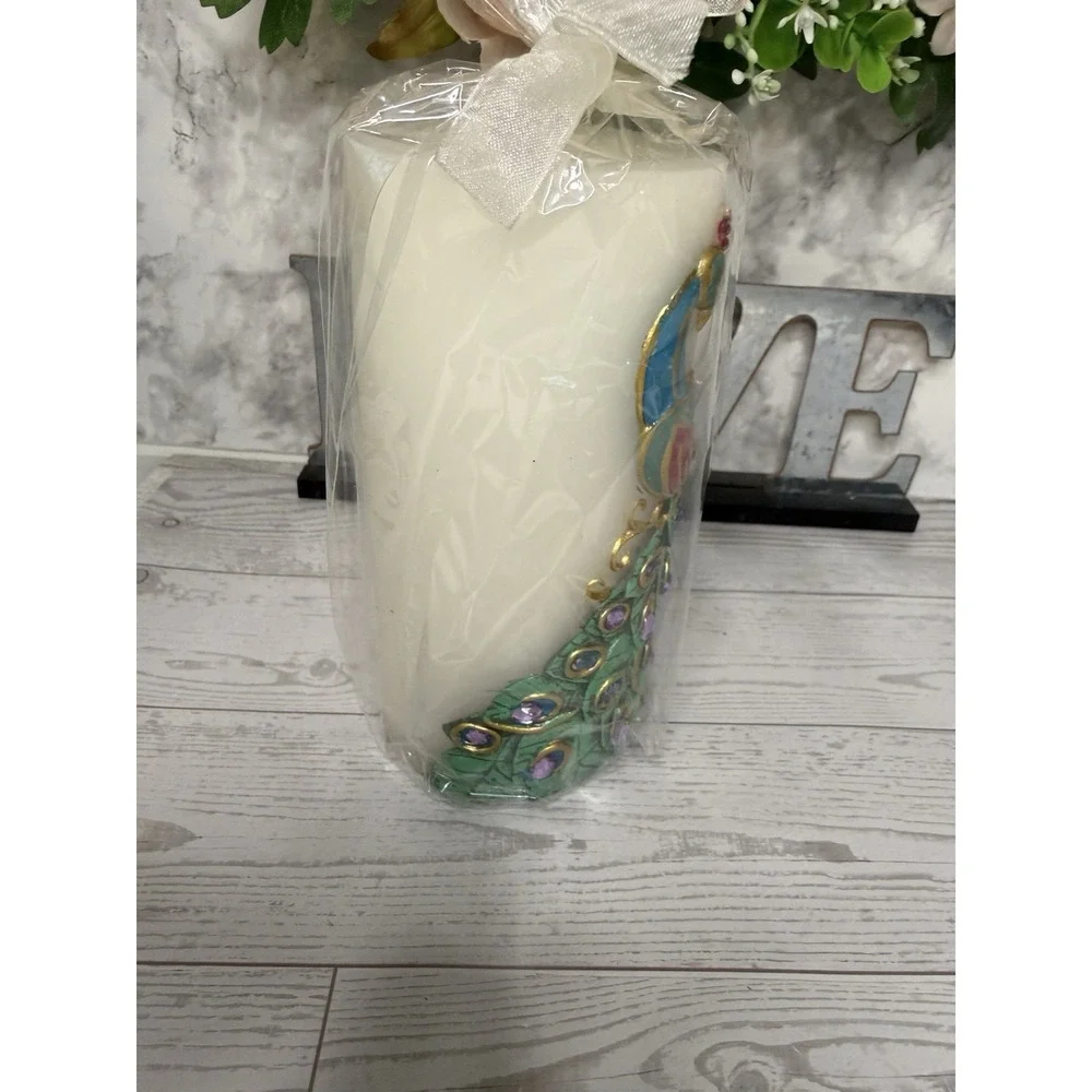Vintage‎ Pier 1 Imports Peacock Candle Rhinestone Feather Pillar Home Décor Gift